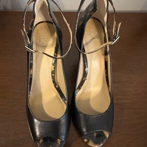 Peep toe, ankle strap 4” stilettos, tortoise and leather